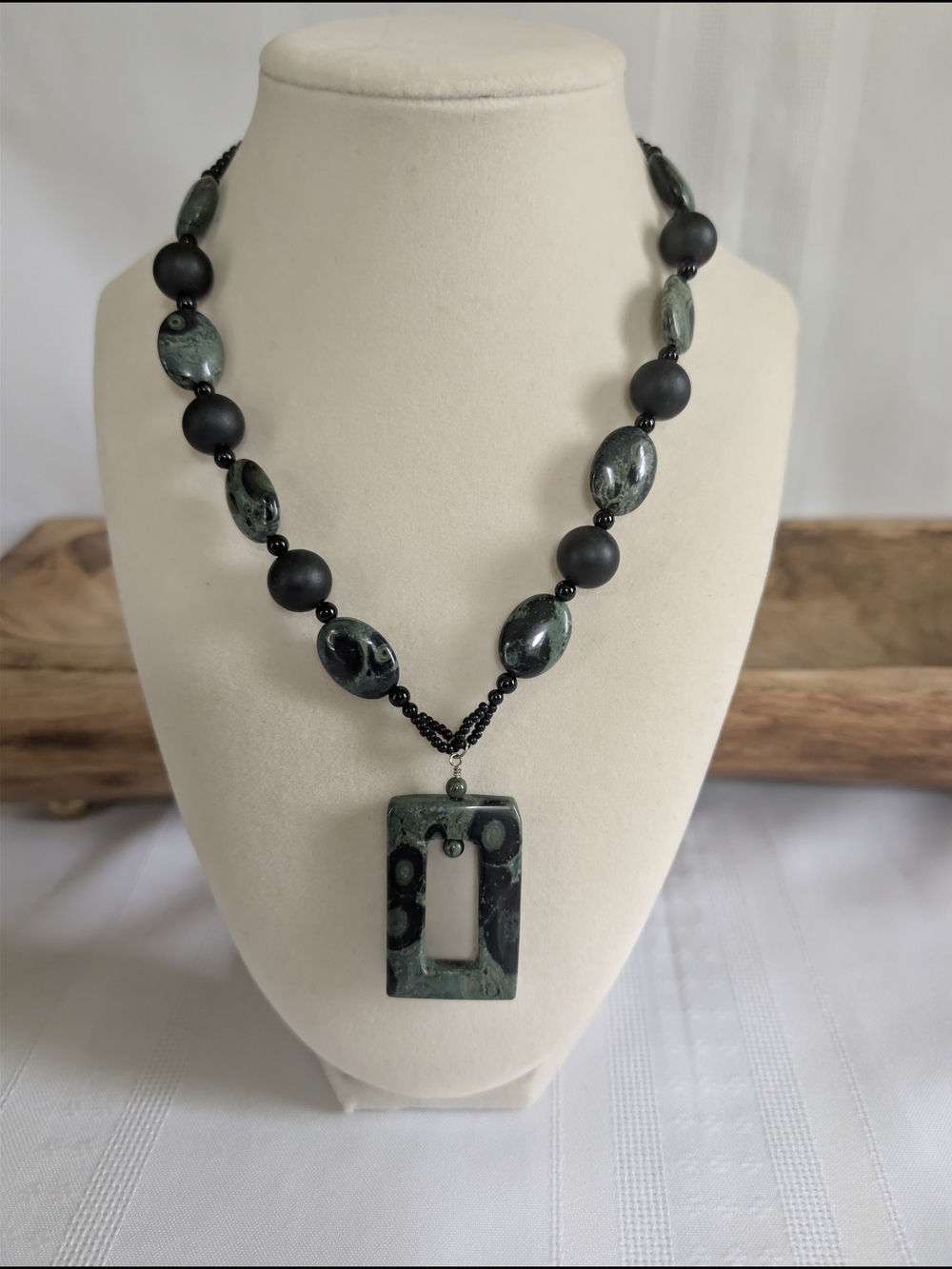 Handcrafted Kambaba Crocodile Jasper Stone Rectangle Pendant Necklace